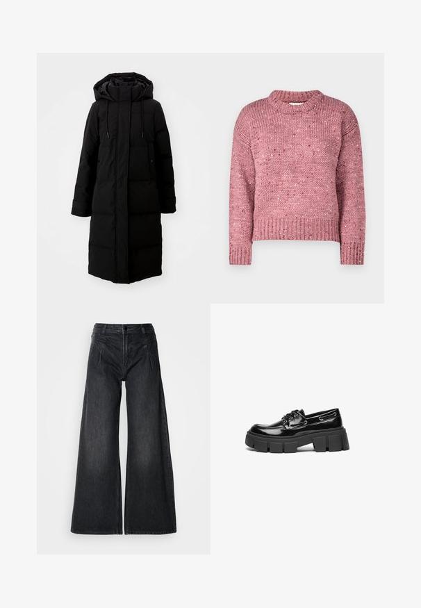 Manteau noir rembourré au design long, fermeture éclair intégrale et capuche. Il dispose de cordons de serrage réglables et de deux poches avant. Texture lisse.; Pull en laine rose clair avec un col rond, des poignets et un ourlet côtelés, présentant un motif texturé et des nuances de rose plus foncé par endroits.; Jean large noir en denim, avec taille haute, deux poches à l'avant et des coutures visibles, présentant une finition texturée subtile.; Mocassin en cuir verni noir avec une semelle plateforme épaisse noire et des œillets décoratifs. Texture lisse avec un bout arrondi et un détail de lacets.