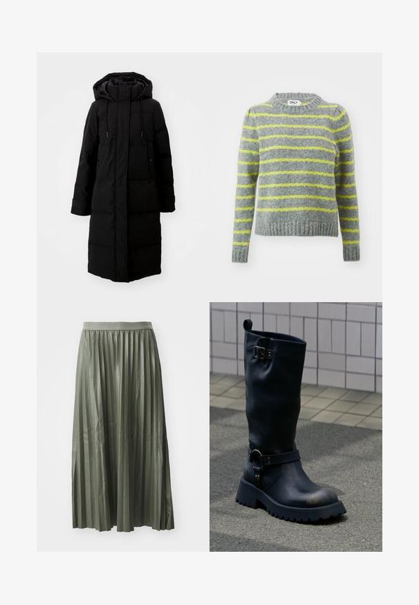 Manteau noir rembourré au design long, fermeture éclair intégrale et capuche. Il dispose de cordons de serrage réglables et de deux poches avant. Texture lisse.; Pull gris avec des rayures jaunes, texture tricotée, col rond, ourlet et poignets côtelés, manches longues, matériau doux.; Jupe midi plissée en vert doux, réalisée en tissu brillant. Elle possède une taille élastique et tombe au milieu du mollet avec des plis verticaux régulièrement espacés.; Botte en cuir noir mi-mollet avec semelle épaisse, boucle métallique près du sommet, et bride avec détail anneau au-dessus de la cheville, sur une surface pavée.