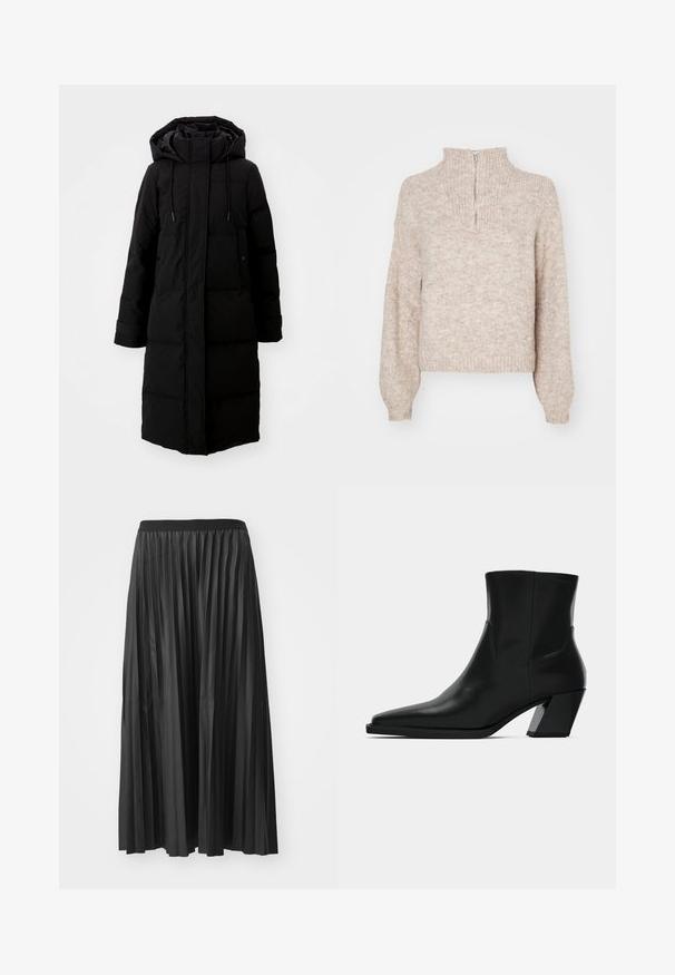 Zwarte gewatteerde jas met een lange snit, volledig rits en een capuchon. Voorzien van verstelbare trekkoorden en twee voorzakken. Lichte structuur.; Beige gebreid sweater met een hoge hals en een halve rits. Heeft lange, licht poffende mouwen en een ribbelrand. Textuur, zacht materiaal.; Zwarte geplisseerde maxi rok met een gladde textuur en een elastische tailleband, met verticale plooien die volume en beweging creëren.; Zwarte leren enkelboot met een spitse neus, een slanke silhoeet en een chunky vierkante hak. Gladde textuur met minimale stikdetails.