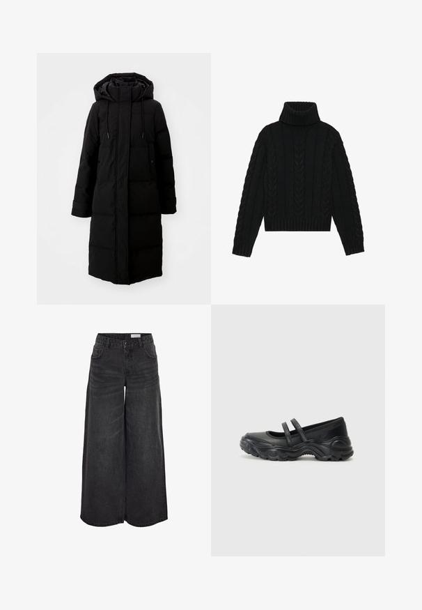Manteau noir rembourré au design long, fermeture éclair intégrale et capuche. Il dispose de cordons de serrage réglables et de deux poches avant. Texture lisse.; Pull en maille noire à col roulé avec un ourlet côtelé et un motif en tricot torsadé, doté de manches longues et d'un col structuré.; Pantalons en denim noir à jambes larges avec taille haute, poches avant et texture subtile ; conçus pour un ajustement décontracté.; Ballerines noires en cuir avec deux brides réglables, un bout rond et une semelle en caoutchouc texturé pour une meilleure adhérence.