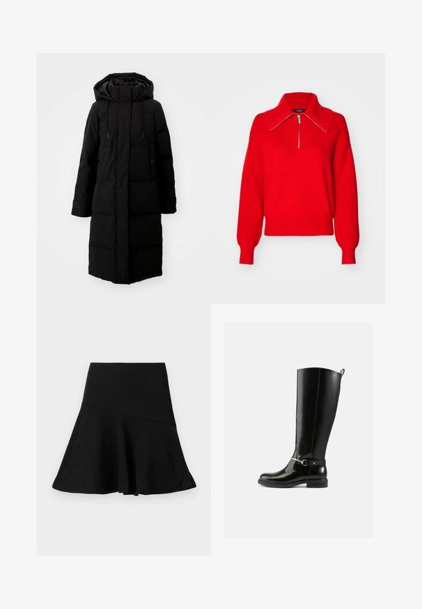 Sort polstret frakke med lang design, fuld lynlås og hætte. Har justerbare snoretræk og to forlommer. Glat tekstur.; Rød strikket pullover med høj krave, udstyret med lynlås og ribbet tekstur. Løs pasform med brede ærmer og ensfarvet design.; Sort flagrende nederdel med et asymmetrisk sømdetalje, lavet af glat stof, vist fladt på en hvid baggrund.; Sorte knæhøje støvler lavet af blankt læder med en sølvfarvet spænde ved anklen og rundet snude. Flad sål.