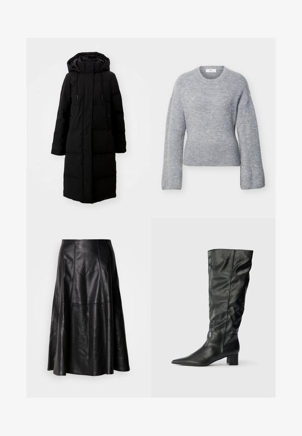 Manteau noir rembourré au design long, fermeture éclair intégrale et capuche. Il dispose de cordons de serrage réglables et de deux poches avant. Texture lisse.; Pull en maille gris clair à manches longues avec col rond côtelé, poignets et ourlet, présenté à plat sur un fond blanc.; Jupe en cuir noir avec une silhouette évasée, présentant des coutures visibles et une texture lisse. Conception mi-longue avec une coupe classique.; Bottes noires en cuir jusqu'au genou avec un bout pointu, un tige décontractée et un talon carré. Texture lisse avec peu de coutures visibles.