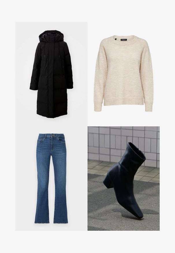 Sort polstret frakke med lang design, fuld lynlås og hætte. Har justerbare snoretræk og to forlommer. Glat tekstur.; Beige langærmet sweater i uldblanding med rund halsudskæring, ribkant ved manchetter og kant, medium størrelse, label med teksten "Selected Femme."; Udsvingende blå denimjeans med høj talje, fem lommer og kontrastfarvet syning. Med knap- og lynlåslukning, let slidt tekstur.; Sort læderankelstøvle med blokhæle, stående på en tekstureret asfaltflade nær en fliser væg.