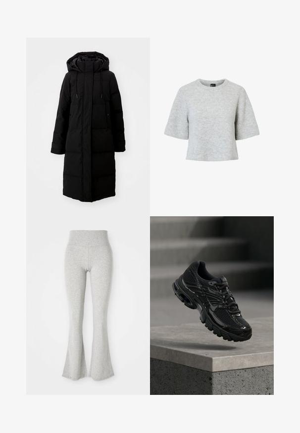Abrigo acolchado negro de diseño largo, con cremallera completa y capucha. Cuenta con cordones ajustables y dos bolsillos frontales. Textura suave.; Suéter gris de manga corta hecho de tela de punto texturizada, con escote redondo y diseño corto. Sin patrones ni detalles visibles.; Leggings en color gris con campana, hechos de una tela suave, que presentan una cintura elástica y una textura lisa, que se ensanchan hacia el dobladillo.; Zapatilla de running negra de Nike con parte superior de malla y sintética flotando sobre una superficie de hormigón y escalones de fondo.