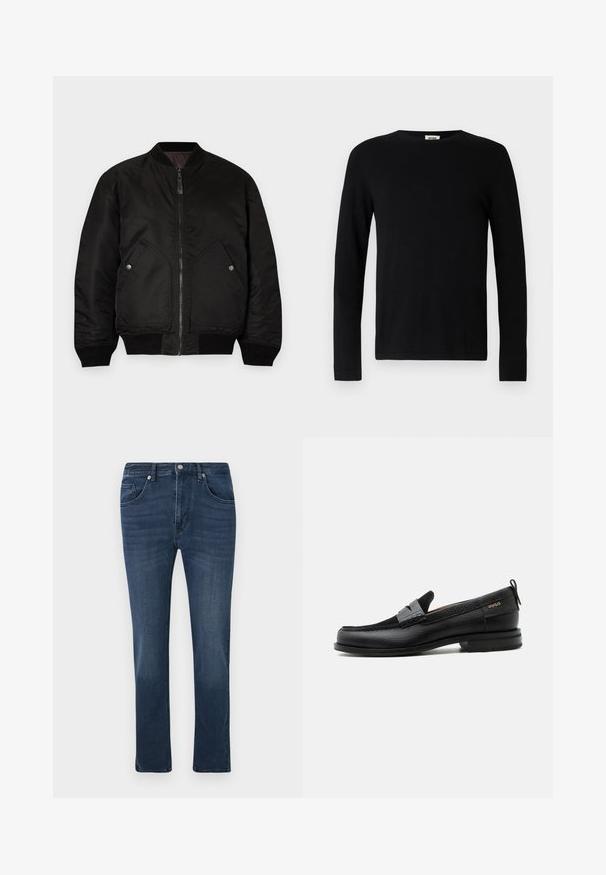 Veste bomber noire avec une fermeture éclair à l'avant, des poignets côtelés et deux grandes poches latérales. Présente une texture lisse et mate ainsi qu'un col rond.; T-shirt noir à manches longues avec un col rond, en tissu doux, présentant une coupe droite et sans motifs ni accents visibles.; Jean en denim slim-fit bleu marine avec poches avant et poche monnaie, fermeture à bouton et légères décolorations sur les cuisses.; Mocassin en cuir noir avec détail de bride grise, talon bas et semelle texturée, marqué "HUGO" en or sur le côté.