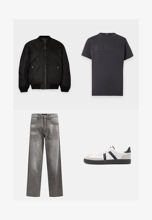 Veste bomber noire avec une fermeture éclair à l'avant, des poignets côtelés et deux grandes poches latérales. Présente une texture lisse et mate ainsi qu'un col rond.; T-shirt gris foncé à manches courtes avec l'inscription « REPLAY EIGHTYONE » en lettres noires en relief sur le devant.; Jean large en denim gris avec une finition délavée, design classique à cinq poches et fermeture par bouton métallique. Tissu texturé avec des détails d'usure subtils.; Baskets blanches avec des accents noirs et gris, présentant un embout texturé gris, une semelle en caoutchouc noir et des lacets plats blancs. Design épuré, style minimaliste.