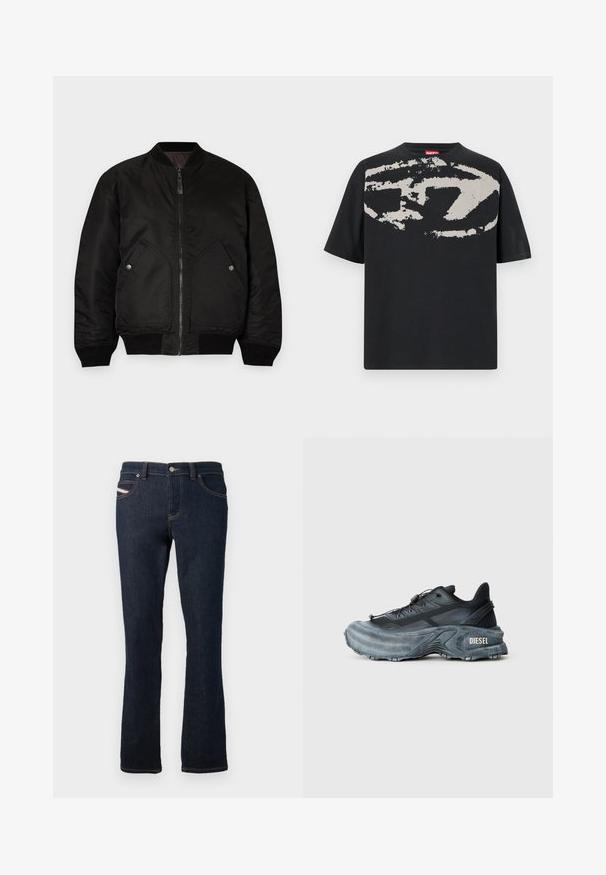 Chaqueta bomber negra con cremallera frontal, puños de canalé y dos grandes bolsillos laterales. Presenta una textura suave y mate y un cuello redondo.; Camiseta negra con un gran gráfico abstracto en gris claro en la parte frontal. Mangas cortas y un cuello redondeado clásico. Material de algodón.; Jeans de mezclilla azul marino con corte recto, con costuras naranjas, cierre de botón metálico y un pequeño logo en el bolsillo trasero.; Zapatilla Diesel en negro y gris con suela gruesa, cierre de cordón y diseño texturizado sobre un fondo liso de color gris claro.