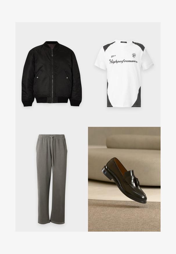 Veste bomber noire avec une fermeture éclair à l'avant, des poignets côtelés et deux grandes poches latérales. Présente une texture lisse et mate ainsi qu'un col rond.; T-shirt blanche à manches courtes avec des accents noirs. Présente le logo "REPLAY FC" et le texte "Highperformance" dans une police sportive. Fabriquée à partir d'un matériau lisse.; Pantalon de survêtement en coton gris avec une taille élastique et un cordon de serrage, doté de poches latérales et d'une coupe décontractée sur les jambes.; Mocassin en cuir noir avec pompons flottant au-dessus d'un tapis beige avec un canapé beige en arrière-plan.