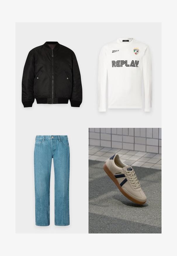 Μαύρο bomber jacket με φερμουάρ μπροστά, ριμπ μανσέτες και δύο μεγάλες πλευρικές τσέπες. Διαθέτει μαλακή, ματ υφή και στρογγυλό γιακά.; Λευκό πουκάμισο με μακριά μανίκια και μαύρο κείμενο "REPLAY" στο στήθος, μικρό κείμενο "REPLAY FC" πάνω αριστερά και έμβλημα τριών χρωμάτων με τρία αστέρια πάνω δεξιά.; Ανοιχτό μπλε τζιν παντελόνι με κατευθείαν σχέδιο ποδιών, διαθέτει πέντε τσέπες, θηλιές ζώνης και κλείσιμο με κουμπί. Λείος υφής με ήπια φθορά.; Μπεζ αθλητικά παπούτσια με υφή, ναυτικά ρίγες και καουτσούκ σόλα. Διαθέτουν επενδεδυμένη γλώσσα και παραδοσιακό σύστημα δεσίματος για σφιχτή εφαρμογή.