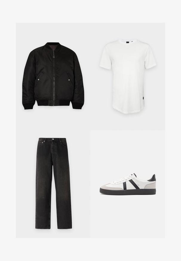 Μαύρο bomber jacket με φερμουάρ μπροστά, ριμπ μανσέτες και δύο μεγάλες πλευρικές τσέπες. Διαθέτει μαλακή, ματ υφή και στρογγυλό γιακά.; Λευκή κοντομάνικη μπλούζα φτιαγμένη από βαμβάκι, με στρογγυλή λαιμόκοψη και ελαφρώς μακρύτερη πλάτη, που διαθέτει μια μικρή λογότυπο λεπτομέρεια στο πλάι.; Μαύρα τζιν παντελόνια με σχέδιο ίσιου ποδιού, διαθέτοντας στυλ πέντε τσέπες, χρυσό κουμπί και διακριτικές παραλλαγές υφής στο ύφασμα.; Λευκό αθλητικό παπούτσι με μαύρες και γκρί λεπτομέρειες, featuring ένα υφή γκρί καλύμμα δαχτύλου, μαύρη καουτσούκ σόλα και επίπεδες λευκές κορδόνες. Καθαρός σχεδιασμός, μινιμαλιστικό στυλ.