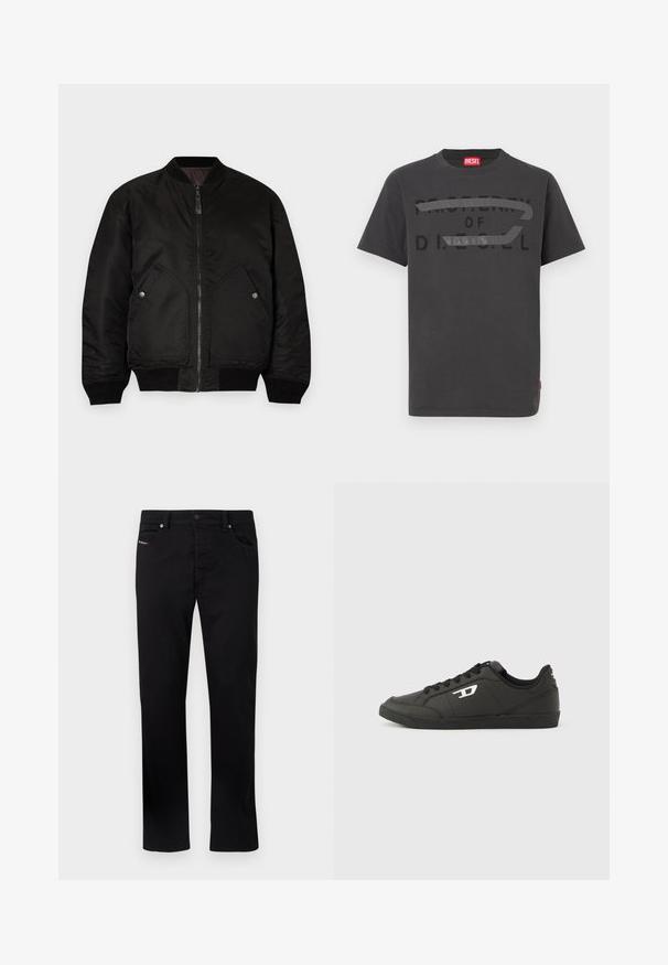 Veste bomber noire avec une fermeture éclair à l'avant, des poignets côtelés et deux grandes poches latérales. Présente une texture lisse et mate ainsi qu'un col rond.; T-shirt en coton gris avec un texte noir audacieux indiquant "PROPERTY OF D.I.E.S.E.L.", à la texture lisse et manches courtes.; Pantalons en denim noir avec une coupe droite, cinq poches et une fermeture à bouton en métal. Présente des détails de couture subtils sur la poche avant.; Baskets synthétiques noires avec une semelle noire texturée, un bout rond et des lacets plats noirs. Logo blanc remarquablement placé sur le côté extérieur.