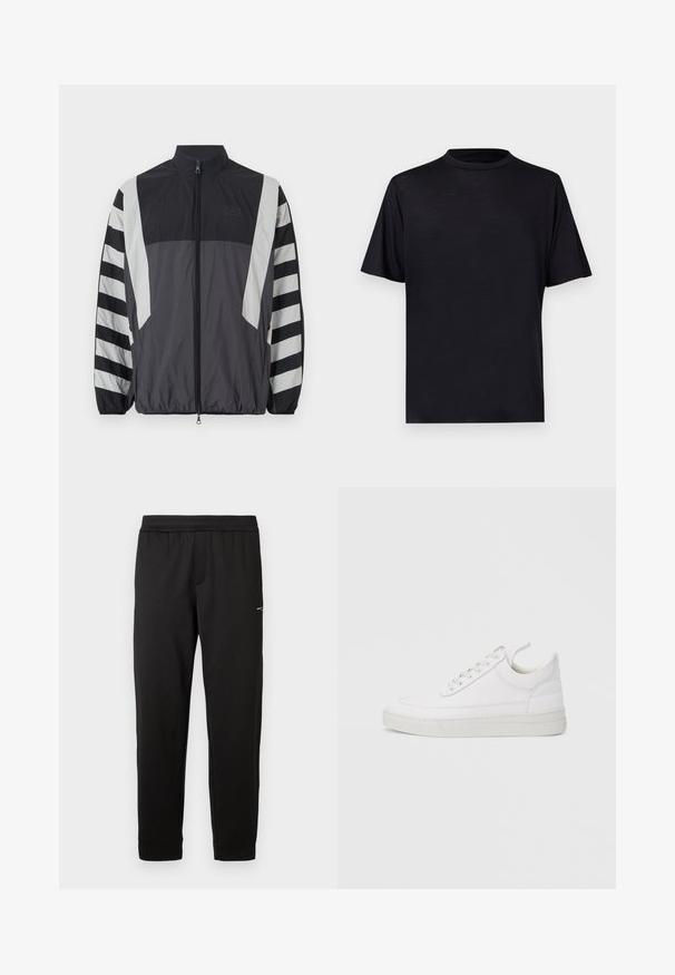 Windbreaker jas in zwart en grijs. Heeft een hoge kraag, een volledige ritssluiting en gestreepte mouwen. Gemaakt van lichtgewicht, textuurstof.; Zwart T-shirt met korte mouwen en een hoge hals, gemaakt van een glad, lichtgewicht materiaal, met een minimalistisch ontwerp zonder patronen of accenten.; Zwarte sportbroek gemaakt van zacht materiaal. Elastische tailleband en boorden. Voorzien van een klein logo aan de zijkant. Rechte pijp.; Witte leren sneaker met een afgeronde neus, platte zool en veters aan de voorkant. Voorzien van stikseldetails en een gevoerde kraag voor comfort.
