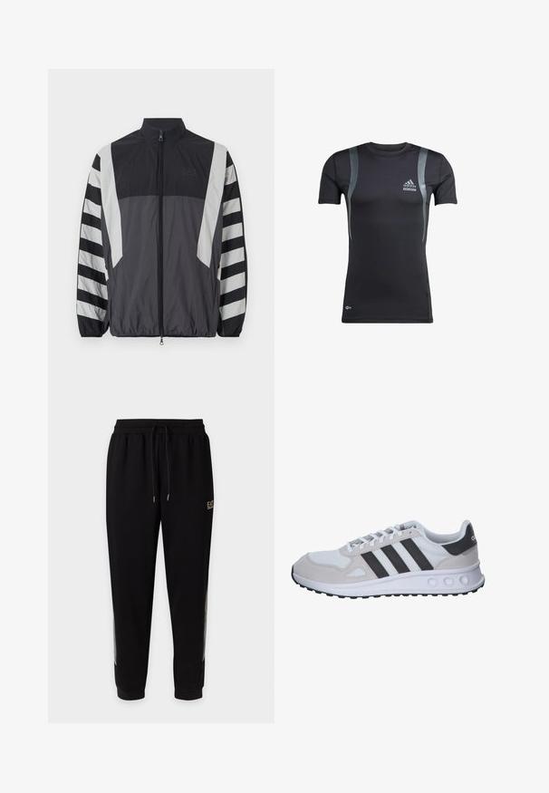 Windbreaker jas in zwart en grijs. Heeft een hoge kraag, een volledige ritssluiting en gestreepte mouwen. Gemaakt van lichtgewicht, textuurstof.; Zwart sportshirt met korte mouwen en grijze accenten, gemaakt van rekbare stof. Bevat een Adidas-logo op de linkerborst en Techfit-branding.; Zwarte taps toelopende joggingbroek met elastische tailleband, trekkoorden en een klein goudkleurig logo op de bovenkant van de linker dij.; Grijze en witte sportieve schoen met een mesh bovenwerk, suède accenten, drie zwarte strepen en een gestructureerde rubberen zool met ronde uitsparingen.