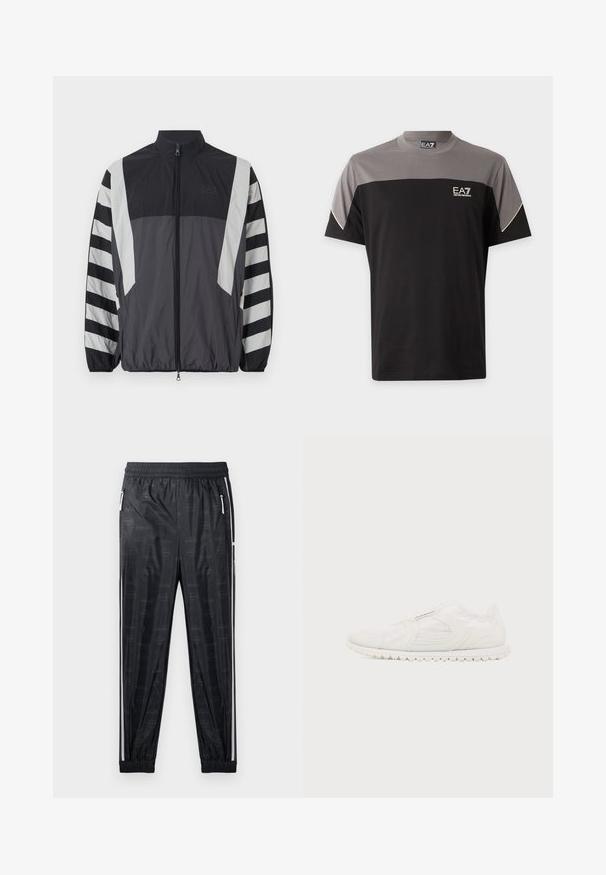 Windbreaker jas in zwart en grijs. Heeft een hoge kraag, een volledige ritssluiting en gestreepte mouwen. Gemaakt van lichtgewicht, textuurstof.; Zwart-grijze EA7 Emporio Armani T-shirt met korte mouwen, logo op de borst en witte afwerking aan de mouwen.; Zwarte sportbroek met een glanzende afwerking, voorzien van een subtiel logopatroon, elastische tailleband en zijzakken met rits met witte accenten.; Witte instapsneaker met gestructureerde zool, elastische bovenkant en subtiel gestikt ontwerp, gezien van opzij tegen een effen achtergrond.