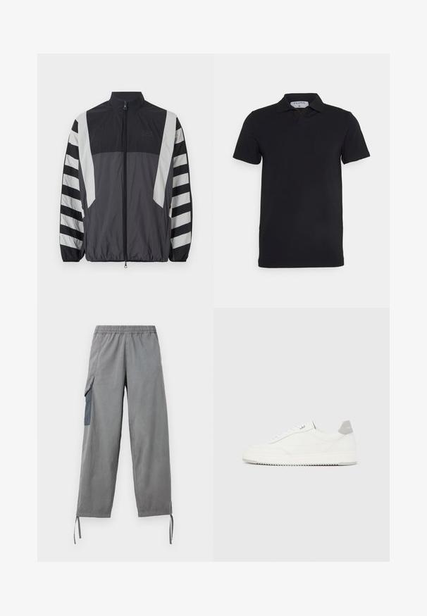 Windbreaker jas in zwart en grijs. Heeft een hoge kraag, een volledige ritssluiting en gestreepte mouwen. Gemaakt van lichtgewicht, textuurstof.; Zwart polosjaal met korte mouwen en een klassieke kraag, gemaakt van gladde stof. Heeft een label met de merknaam 'Filippa K' op de hals.; Grijze lichtgewicht cargobroek met een elastische tailleband, zijzak, verstelbare manchetten en een gladde textuur.; Witte lage sneaker met grijze hielpatch, witte veters en een gestructureerde zool, gepresenteerd op een effen lichte achtergrond.