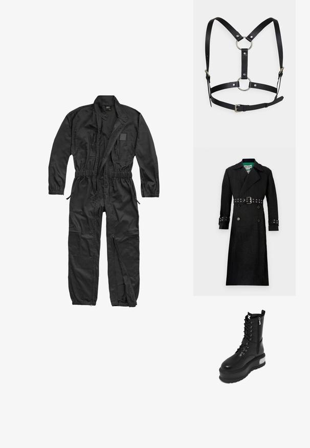 Sort trenchcoat med en struktureret finish, dobbeltrækket for, brede klapper og en bælte i taljen med sølvøjer på ærmerne.; Brandit BRANDIT HERREN EINSATZKOMBI - Buksedragter - black; Sort faux læder kampstøvle med en chunky platform, der har snørebånd fortil, lynlås lukning og metallisk detalje på hælen.; Sort læderharness med justerbare stropper, der har sølvmetalringe og nitter. Designet inkluderer en central ring og en spændeåbning.