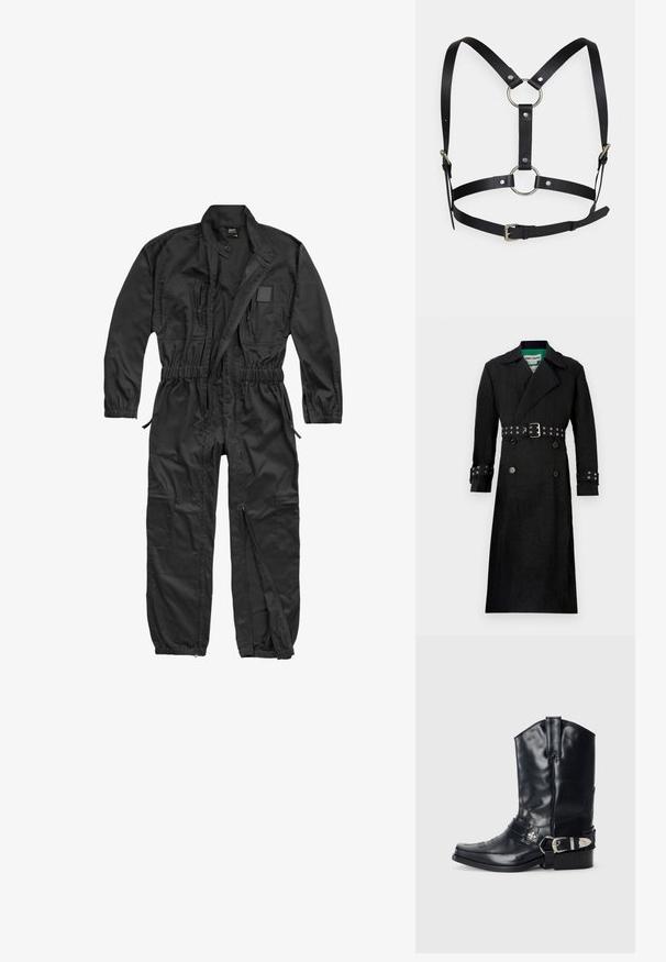 Schwarzer Trenchcoat mit strukturierter Oberfläche, doppelreihiger Front, breiten Revers und tailliertem Design mit silbernen Ösen an den Manschetten.; Brandit BRANDIT HERREN EINSATZKOMBI - Jumpsuit - black; Schwarze Ledersporenstiefel mit spitzem Zeh, hohem Schaft, dekorativer Stickerei und silberner Schnallenhardware am Riemen. Strukturiertes Finish.; Schwarzes Leder-Harness mit verstellbaren Riemen, ausgestattet mit silbernen Metallringen und Nieten. Das Design umfasst einen zentralen Ring und einen Schnallenverschluss.