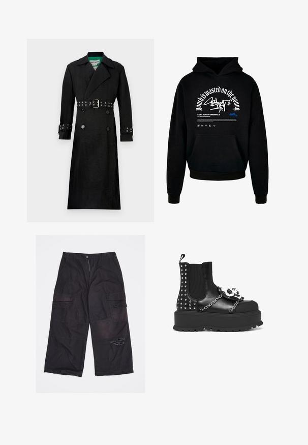 Sort trenchcoat med en struktureret finish, dobbeltrækket for, brede klapper og en bælte i taljen med sølvøjer på ærmerne.; Sort hættetræner med frontlomme. Har hvidt fed skrift og grafisk design. Lavet af blødt stof med ribbede manchetter og kant.; Sorte cargobukser med vide ben og flere lommer samt et slidt hul på højre lår, lagt fladt på en hvid baggrund.; Sort platformstøvle med sølvnitter, kædedetaljer og en hvid kranie dekoration på frontpanelet.