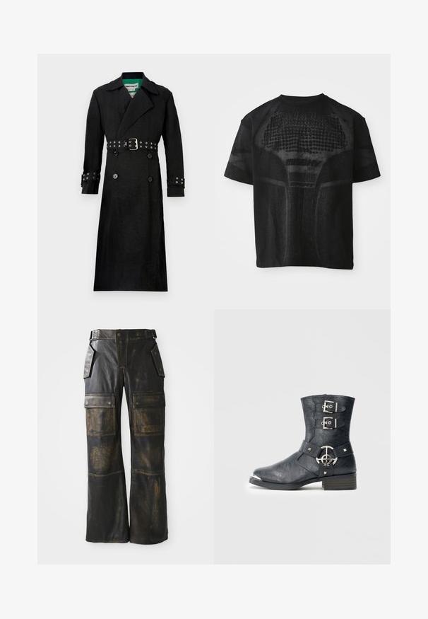 Schwarzer Trenchcoat mit strukturierter Oberfläche, doppelreihiger Front, breiten Revers und tailliertem Design mit silbernen Ösen an den Manschetten.; Schwarz, kurzärmliges Sport-T-Shirt mit strukturiertem Muster und dezentem "MISBHV SPORT"-Text auf der Vorderseite.; Schwarze Leder-Cargo-Hose mit abgenutzter Optik, großen Seitentaschen, hoher Taille und kontrastierender Naht entlang der Nähte.; Schwarzer Lederknöchelstiefel mit abgerundeter Spitze, zwei Riemen mit Schnallen, silbernen Metallakzenten und niedrigem Blockabsatz. Strukturierte Oberfläche.