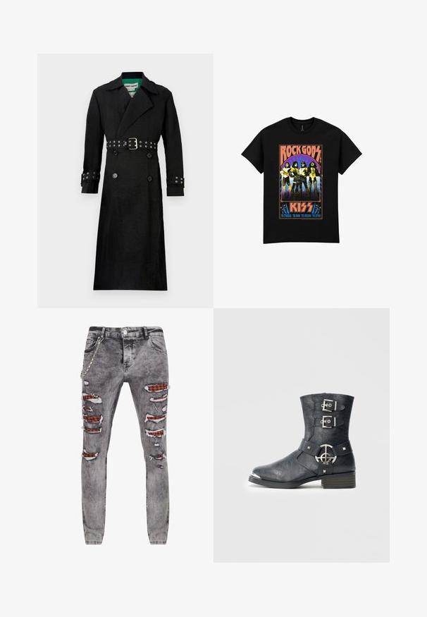 Schwarzer Trenchcoat mit strukturierter Oberfläche, doppelreihiger Front, breiten Revers und tailliertem Design mit silbernen Ösen an den Manschetten.; Schwarzes T-Shirt mit den KISS-Bandmitgliedern in Kostümen unter dem Schriftzug "ROCK GODS" mit den Namen The Starchild, The Demon, The Spaceman, The Catman.; Graue, stark abgenutzte Jeans mit mehreren Rissen, die darunter liegenden rot-schwarz karierten Stoff offenbaren. Mit seitlichem Kettendetail und schmal zulaufendem Schnitt.; Schwarzer Lederknöchelstiefel mit abgerundeter Spitze, zwei Riemen mit Schnallen, silbernen Metallakzenten und niedrigem Blockabsatz. Strukturierte Oberfläche.