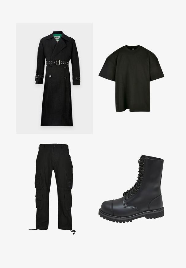 Sort trenchcoat med en struktureret finish, dobbeltrækket for, brede klapper og en bælte i taljen med sølvøjer på ærmerne.; Sort oversized t-shirt i blød bomuld. Har en rund crew neckline og korte ærmer, med en glat tekstur og minimalistisk design.; Sorte cargo bukser lavet af slidstærkt stof, med flere sidelommer, afslappet pasform og justerbare ankelstropper.; Sort læder kampstøvle med høj skaft, snørebånd foran, polstret krave og en robust tekstureret sål for godt greb. Har forstærket tåhætte.