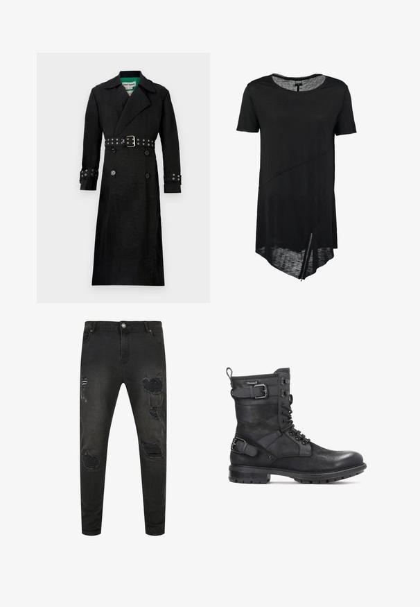 Sort trenchcoat med en struktureret finish, dobbeltrækket for, brede klapper og en bælte i taljen med sølvøjer på ærmerne.; Sort kortærmet t-shirt med rund halsudskæring, asymmetrisk kant, gennemsigtig tekstur og en sidelukning. Blødt, let stof.; Sorte denim jeans med slim fit, der har slidte detaljer, huller og falmede områder. Standard fem-lomme design med metal knaplukning.; Kazar HEARD - Cowboy- / bikerstøvlette - black