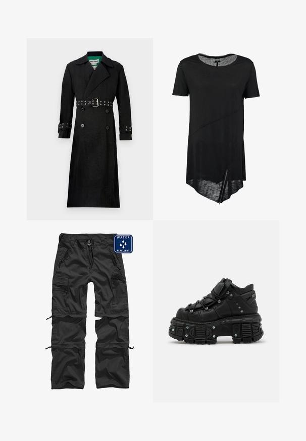 Sort trenchcoat med en struktureret finish, dobbeltrækket for, brede klapper og en bælte i taljen med sølvøjer på ærmerne.; Sort kortærmet t-shirt med rund halsudskæring, asymmetrisk kant, gennemsigtig tekstur og en sidelukning. Blødt, let stof.; Sorte vandafvisende cargo bukser med lynlåslommer, justerbare manchetter og et holdbart materiale. Har et logo på taljen.; Sorte læder høj-top sneakers med en tykk gummisål, snørebåndsdesign, polstret krave og metal accenter. Har en mønstret sål for godt greb.