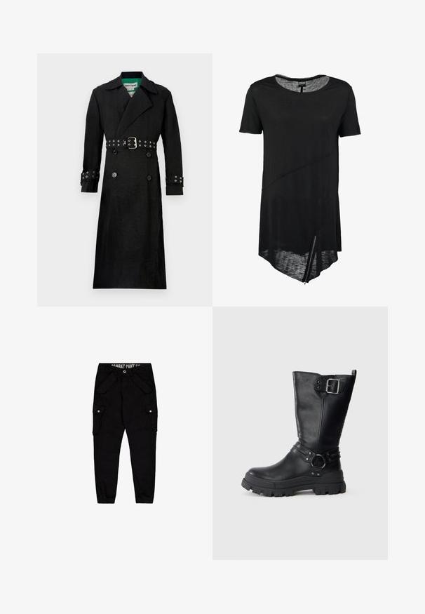 Sort trenchcoat med en struktureret finish, dobbeltrækket for, brede klapper og en bælte i taljen med sølvøjer på ærmerne.; Sort kortærmet t-shirt med rund halsudskæring, asymmetrisk kant, gennemsigtig tekstur og en sidelukning. Blødt, let stof.; Sorte cargo bukser lavet af bomuld, med flere lommer, en tætsiddende design og elastiske manchetter ved anklerne.; Sorte læderknæhøje støvler med en kraftig gummisål, der har en sidelås, stropdetaljer og struktureret finish.