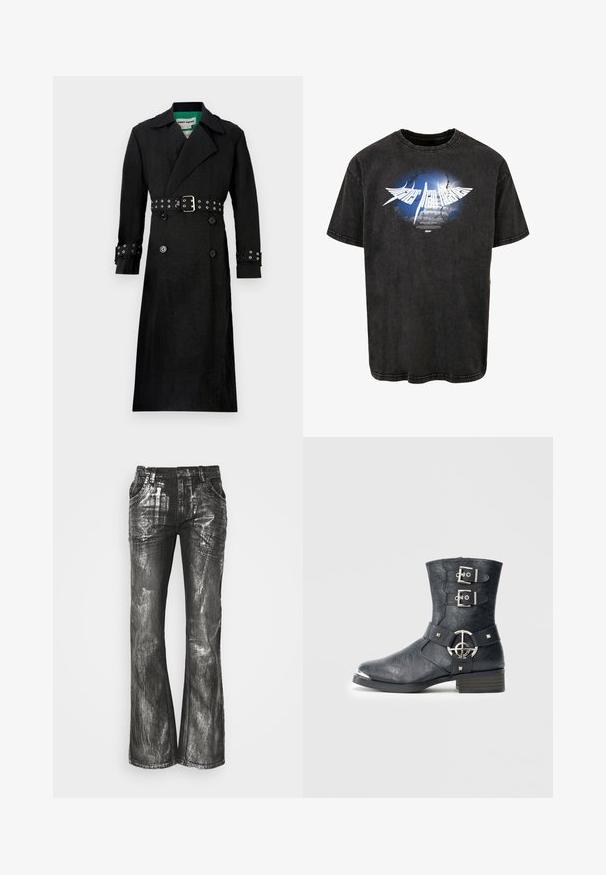 Sort trenchcoat med en struktureret finish, dobbeltrækket for, brede klapper og en bælte i taljen med sølvøjer på ærmerne.; Sort bomulds T-shirt med et grafisk design af blå himmel og skyer, hvid tekst og et slidt udseende, med korte ærmer og rund hals.; Sorte denim flared bukser med en skinnende sølvfinish, der har fire lommer og synlige sømme. Teksturen viser en børstet, metallisk effekt.; Sort læderankelstøvle med rundet tå, to remme med spænder, sølvfarvede metaldetaljer og lavt stablet hæl. Tekstureret finish.