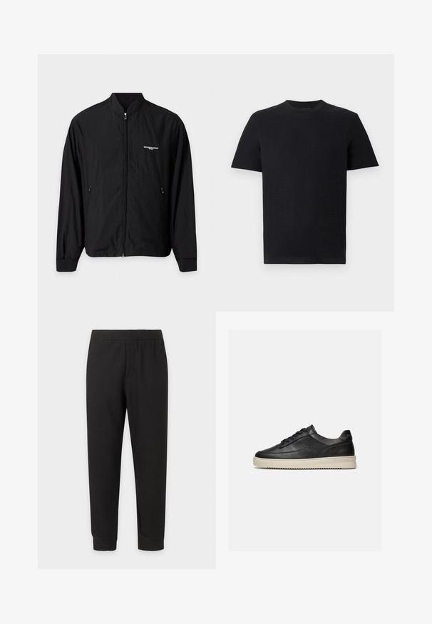 Veste légère noire zippée avec col montant, deux poches latérales et petit logo blanc Emporio Armani sur la poitrine gauche.; T-shirt noir à manches courtes et col rond, présenté à plat sur un fond gris clair.; Pantalon décontracté noir à taille élastique avec jambes effilées et ourlets revers sur fond blanc.; Baskets basses en cuir noir avec des lacets noirs et une semelle en caoutchouc épaisse de couleur crème, présentées sur un fond blanc.