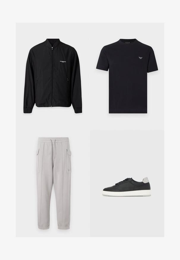 Leichte schwarze Jacke mit Reißverschluss, Stehkragen, zwei seitlichen Taschen und kleinem weißen Emporio Armani Logo auf der linken Brust.; Schwarzes Baumwoll-T-Shirt mit rundem Ausschnitt und kurzen Ärmeln. Verfügt über ein kleines, silbernes Logo auf der linken Brustseite. Glatte Textur.; Graue Sweatpants mit elastischem Bund, Seitentaschen und vertikal gesteppten Details entlang der Beine. Aus Baumwollmischung gefertigt.; Schwarzer Low-Top-Sneaker mit weißer Sohle und grauem Fersenlaschen, Seitenansicht vor einem weißen Hintergrund.