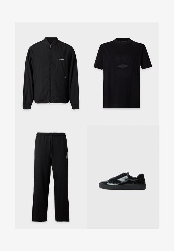 Veste légère noire zippée avec col montant, deux poches latérales et petit logo blanc Emporio Armani sur la poitrine gauche.; T-shirt noir à manches courtes col rond avec logo Emporio Armani en relief et motif aigle au centre devant.; Pantalon de survêtement noir coupe décontractée avec ceinture élastique et cordon, avec un petit patch logo sur la cuisse droite.; Baskets en cuir verni noir avec un bout arrondi, un laçage, une semelle en caoutchouc texturé et une finition lisse.