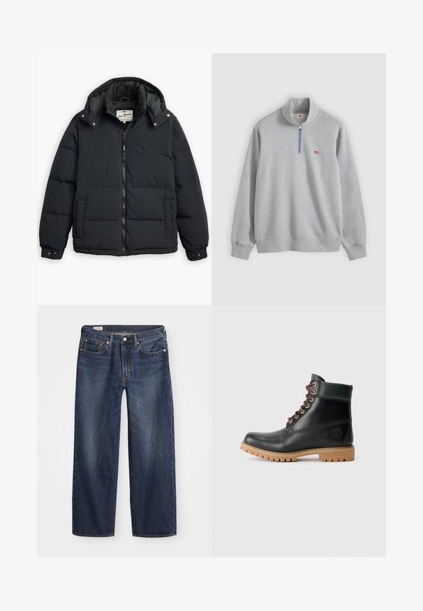 Zwarte donzen jas met een afneembare capuchon, ritssluiting aan de voorkant, zijzakken en elastische mouwen. Bevat gestikte panelen voor isolatie en warmte.; Lichtgrijze Levi's sweatshirt met kwartsluiting en geribbelde manchetten en zoom, met een klein rood Levi's-logo op de linkerborst.; Donkerblauwe spijkerbroek met een rechte pijp, vijf zakken, metalen knoop en rits, en subtiele wassingpatronen.; Zwarte leren enklaars met bruine veters, gewatteerde groene kraag en een tan rubberen zool met diepe noppen, zijaanzicht op witte achtergrond.