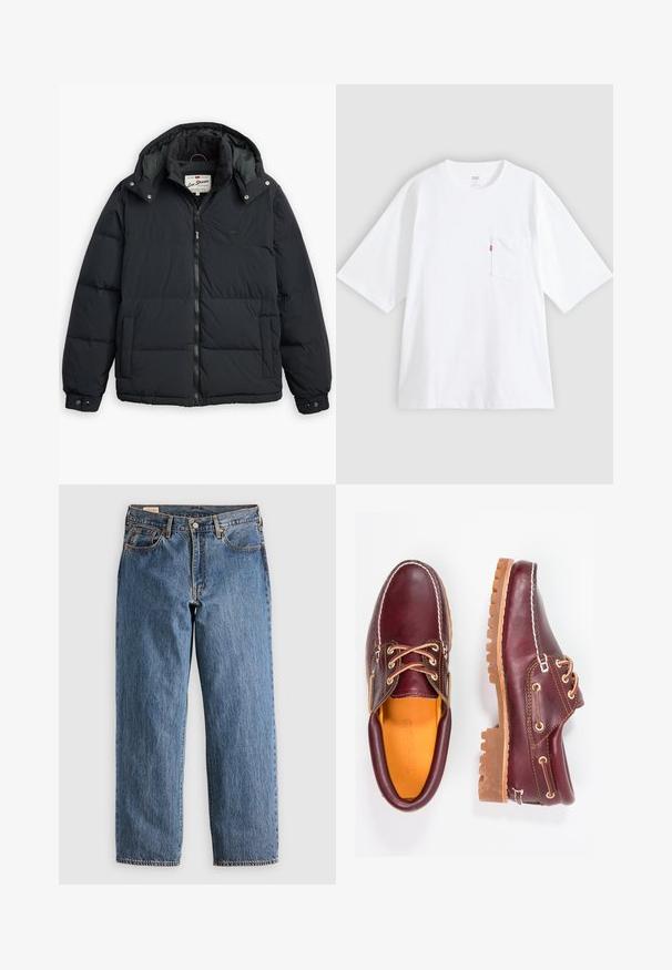 Schwarze Daunenjacke mit abnehmbarer Kapuze, Reißverschluss vorne, seitlichen Taschen und elastischen Bündchen. Verfügt über genähte Einsätze für Isolation und Wärme.; Weißes Baumwoll-T-Shirt mit kurzen Ärmeln, rundem Ausschnitt und Brusttasche auf der linken Seite. Mit kleinem rotem Logotag an der Tasche.; Blaue Jeans aus Denim mit geradem Schnitt, hohem Bund, kupfernen Nieten und orangefarbener Naht. Mit Vorder- und Hintertaschen.; Bordeauxfarbene Lederschuhe mit braunen Gummisohlen, runder Zehenform, weißen Nähten und goldenen Ösen. Das Innenfutter weist eine gelbe Beschichtung auf.