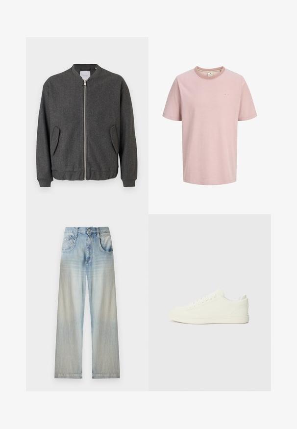 Veste bomber grise avec un col haut, fermeture éclair à l'avant et deux poches latérales. Fabriquée dans un tissu texturé en mélange de laine. Manches et ourlet côtelés.; T-shirt rose clair à manches courtes, col rond, avec un petit logo blanc sur la poitrine gauche et un design simple et épuré.; Jean denim bleu clair à jambes larges avec poches avant, fermeture par bouton et décoloration aux cuisses et aux bas des jambes.; Baskets blanches avec une tige à texture lisse, bout arrondi et laçage traditionnel, arborant un design minimaliste et une semelle en caoutchouc.