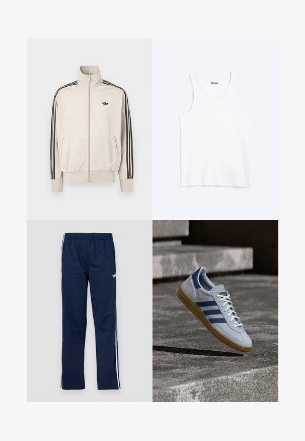 Beige lynlåsjakke lavet af glat stof, med sorte tre-stribe-accents på ærmerne og et lille sort logo på brystet.; Hvid ærmeløs tanktop med rund halsudskæring og Weekday-mærke på den indvendige baghals, vist fladt på lys baggrund.; Marineblå træningsbukser med elastisk linning, hvide sidelister og broderet logo på venstre lår. Glat stoftekstur.; Lyseblå Adidas Spezial sneakers med marineblå striber og gummisål, vist i luften over betontrapper i et neutralt udendørsmiljø.