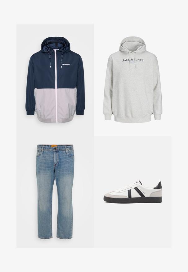 Marineblå og grå vindjakke med hætte, frontlynlås, elastiske manchetter og snoretræk. Har logo på brystet. Glat tekstur.; Lys grå hættetrøje med snore og "JACK & JONES" trykt hen over brystet i mørkeblå og lyseblå tekst.; Lyseblå denim jeans med lige ben, der har fem lommer, knaplukning og orange mærke på taljebåndet.; Hvide sneakers med sorte og grå detaljer, med en tekstureret grå tåhætte, sort gummisål og flade hvide snørebånd. Rent design, minimalistisk stil.