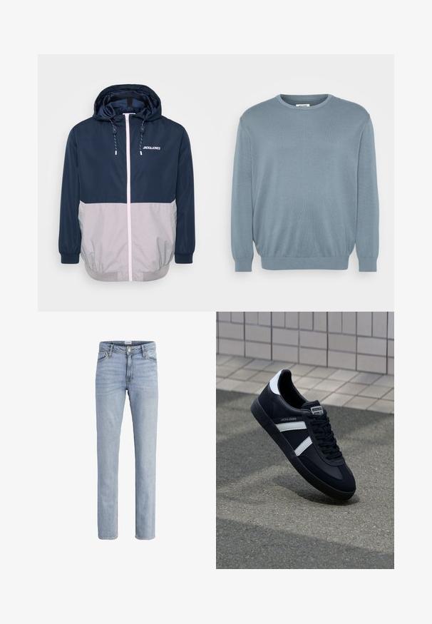 Marineblå og grå vindjakke med hætte, frontlynlås, elastiske manchetter og snoretræk. Har logo på brystet. Glat tekstur.; Lyseblå sweater lavet af strikket stof, med rund halsudskæring og ribbede manchetter og kant. Enkel design med en blød tekstur.; Lyseblå lige denimjeans med forlommer, bæltestropper, knaplukning og subtile falmede detaljer.; Sort lædersneaker med hvide striber, tekstureret gummisål og snørrebånd foran. Har et brandet mærke på tungen.