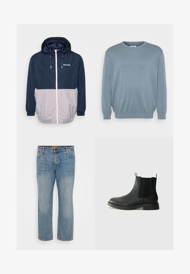 Marineblå og grå vindjakke med hætte, frontlynlås, elastiske manchetter og snoretræk. Har logo på brystet. Glat tekstur.; Lyseblå sweater lavet af strikket stof, med rund halsudskæring og ribbede manchetter og kant. Enkel design med en blød tekstur.; Lyseblå denim jeans med lige ben, der har fem lommer, knaplukning og orange mærke på taljebåndet.; Sorte læder chelsea støvler med elastiske sidepaneler, trækflapper, rund tå og tekstureret gummisål. Glat overflade og robust design.
