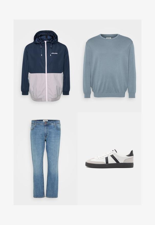 Marineblå og grå vindjakke med hætte, frontlynlås, elastiske manchetter og snoretræk. Har logo på brystet. Glat tekstur.; Lyseblå sweater lavet af strikket stof, med rund halsudskæring og ribbede manchetter og kant. Enkel design med en blød tekstur.; Blå straight-leg denim jeans med knap- og lynlås, for- og baglommer samt synlig syning på hvid baggrund.; Hvide sneakers med sorte og grå detaljer, med en tekstureret grå tåhætte, sort gummisål og flade hvide snørebånd. Rent design, minimalistisk stil.