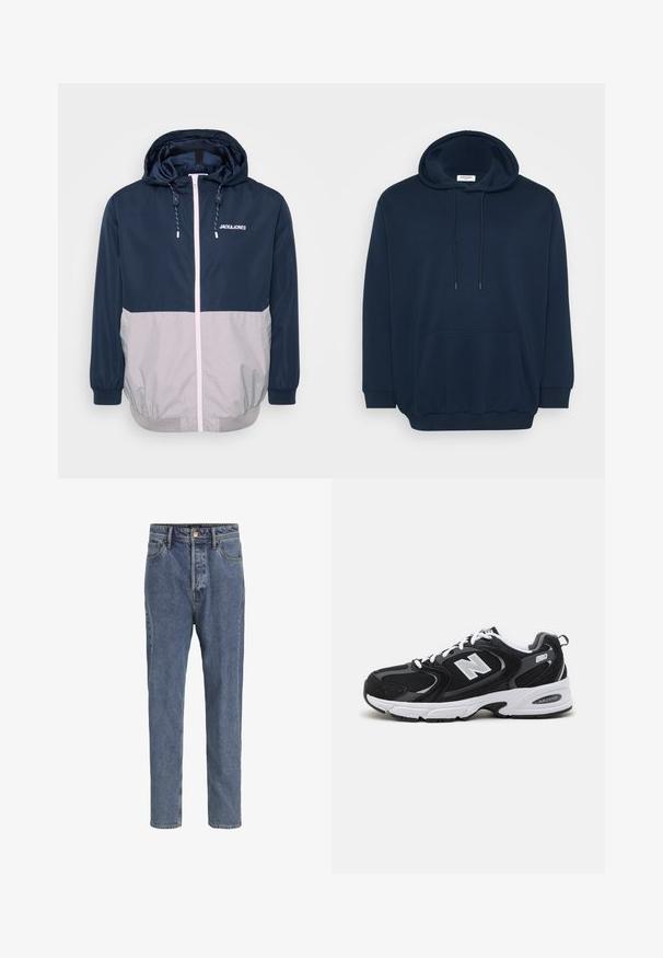 Marineblå og grå vindjakke med hætte, frontlynlås, elastiske manchetter og snoretræk. Har logo på brystet. Glat tekstur.; Marineblå hoodie i bomuldsblanding med justerbar hætte, frontlomme i kenguru-stil, ribbede manchetter og et afslappet fit-design.; Lyseblå denimjeans med fem lommer, lige ben, knaplukning og bæltestropper, vist mod en ensfarvet baggrund.; Sorte og grå sportssko med mesh og ruskind på overdelen, der har en hvid mellemsål, snørebånd og et iøjnefaldende "N" logo på siden.