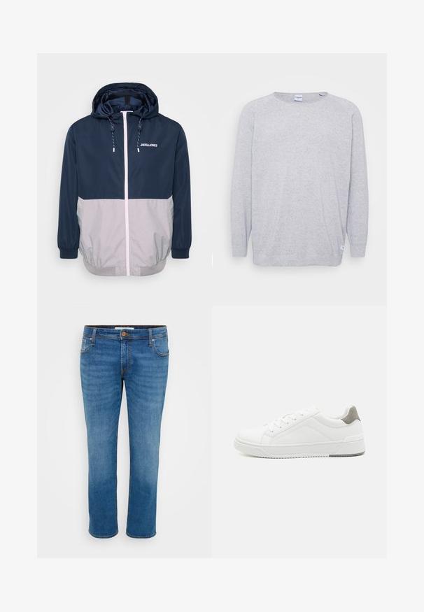 Marineblå og grå vindjakke med hætte, frontlynlås, elastiske manchetter og snoretræk. Har logo på brystet. Glat tekstur.; Lys grå sweater med lange ærmer, rund halsudskæring og struktureret strik. Har et diskret spættet mønster og et lille mærke ved kanten.; Blå denim jeans med lige ben, fem lommer og kontraststikning. Har en knaplukning og bæltestropper langs taljen.; Hvid sneaker lavet af glat læder, rund tå, minimalistisk design, grå hælafsats og tekstureret gummisål.
