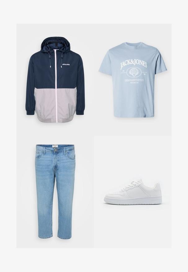 Marineblå og grå vindjakke med hætte, frontlynlås, elastiske manchetter og snoretræk. Har logo på brystet. Glat tekstur.; Lyseblå T-shirt med korte ærmer med hvid "JACK & JONES" tekst, et skalfoto og trykket "Urban Aesthetics for daily use" på forsiden.; Lys blå denimjeans med en afslappet pasform, fem-lomme design, knaplukning og synlige syninger.; Hvide sneakers lavet af glat syntetisk materiale, med flade snørebånd, perforeret tå og en gummisål med et tekstureret grebmønster.