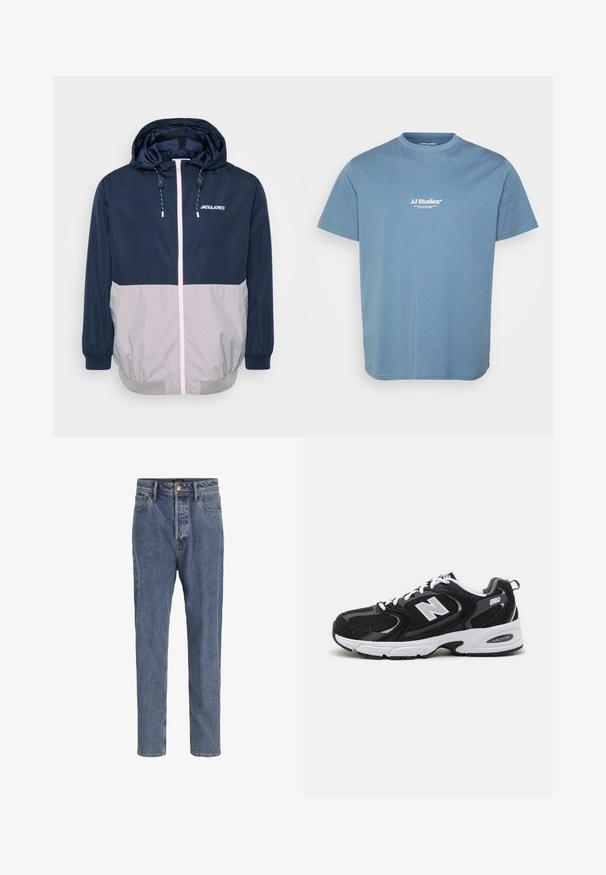 Marineblå og grå vindjakke med hætte, frontlynlås, elastiske manchetter og snoretræk. Har logo på brystet. Glat tekstur.; Lyseblå T-shirt med korte ærmer med hvid tekstlogo "JJ Studios" centreret på brystet, rund halsudskæring og enkelt bomuldstof.; Lyseblå denimjeans med fem lommer, lige ben, knaplukning og bæltestropper, vist mod en ensfarvet baggrund.; Sorte og grå sportssko med mesh og ruskind på overdelen, der har en hvid mellemsål, snørebånd og et iøjnefaldende "N" logo på siden.