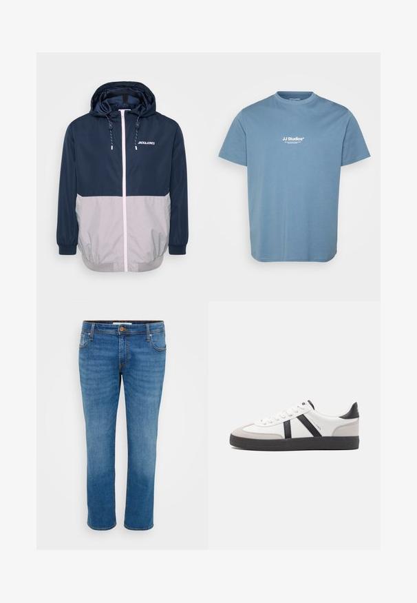 Marineblå og grå vindjakke med hætte, frontlynlås, elastiske manchetter og snoretræk. Har logo på brystet. Glat tekstur.; Lyseblå T-shirt med korte ærmer med hvid tekstlogo "JJ Studios" centreret på brystet, rund halsudskæring og enkelt bomuldstof.; Blå denim jeans med lige ben, fem lommer og kontraststikning. Har en knaplukning og bæltestropper langs taljen.; Hvide sneakers med sorte og grå detaljer, med en tekstureret grå tåhætte, sort gummisål og flade hvide snørebånd. Rent design, minimalistisk stil.