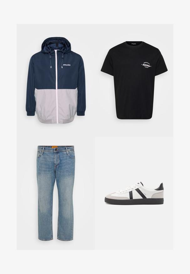 Marineblå og grå vindjakke med hætte, frontlynlås, elastiske manchetter og snoretræk. Har logo på brystet. Glat tekstur.; Sort bomulds-T-shirt med rund hals, korte ærmer og et hvidt trykt logo på venstre bryst. Klassisk pasform og glat tekstur.; Lyseblå denim jeans med lige ben, der har fem lommer, knaplukning og orange mærke på taljebåndet.; Hvide sneakers med sorte og grå detaljer, med en tekstureret grå tåhætte, sort gummisål og flade hvide snørebånd. Rent design, minimalistisk stil.