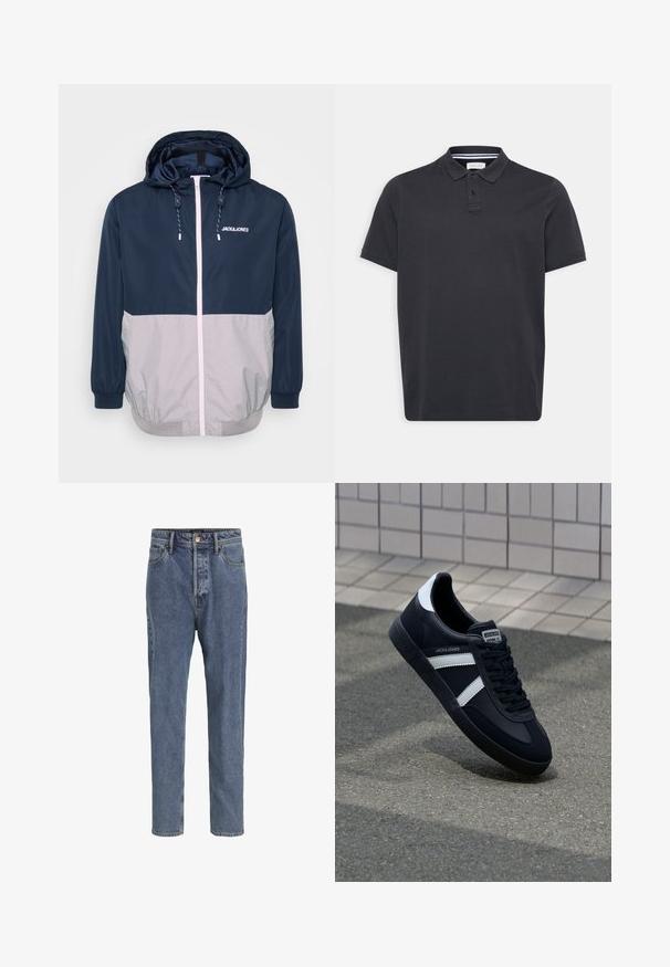 Marineblå og grå vindjakke med hætte, frontlynlås, elastiske manchetter og snoretræk. Har logo på brystet. Glat tekstur.; Sort polo-shirt lavet af bomuld med en nedfoldet krave, tre-knaps lukning og korte ærmer. Glat tekstur, enkelt design.; Lyseblå denimjeans med fem lommer, lige ben, knaplukning og bæltestropper, vist mod en ensfarvet baggrund.; Sort lædersneaker med hvide striber, tekstureret gummisål og snørrebånd foran. Har et brandet mærke på tungen.