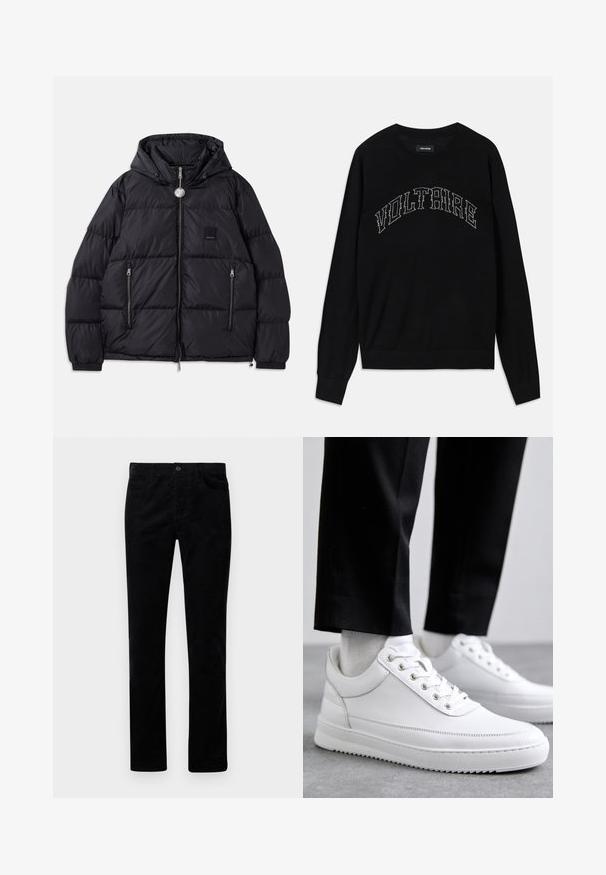 Schwarze Steppjacke mit Kapuze, mit gestepptem Textil, Reißverschluss vorne, zwei Taschen an den Seiten und kleinem Logopatch auf der Brust.; Schwarzer Pullover mit Rundhalsausschnitt und langen Ärmeln. "VOLTAIRE" in kontrastierender Steppung über der Brust. Weicher Stoff und figurbetonter Schnitt.; Schwarze Cordhose mit einem geraden Schnitt, ausgestattet mit Fronttaschen und einem metallenen Knopfverschluss. Weicher Stoff mit vertikalen Rippungen.; Weiße Leder-Sneaker mit flacher Gummisohle, ausgestattet mit einer glatten Oberfläche, runder Zehenpartie und Metallösen für die Schnürsenkel. Getragen mit schwarzen Hosen.