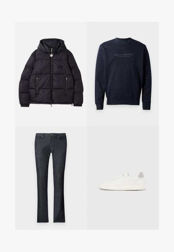 Zwarte pufferjack met capuchon, voorzien van een gewatteerde textuur, een rits aan de voorkant, twee zijzakken en een klein logo-op-patch op de borst.; Navy blauwe sweatshirt van zacht materiaal, met een ronde hals en ribgebreide mouwen, voorzien van de gegraveerde tekst "ARMANI EXCHANGE MILANO / NEW YORK".; Donkere spijkerbroek met rechte pijpen, voorzien van voor- en achterzakken, een metalen knoopsluiting en subtiele stiksel details.; Witte lage sneaker met grijze hielpatch, witte veters en een gestructureerde zool, gepresenteerd op een effen lichte achtergrond.