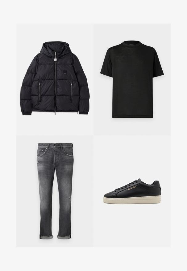 Schwarze Steppjacke mit Kapuze, mit gestepptem Textil, Reißverschluss vorne, zwei Taschen an den Seiten und kleinem Logopatch auf der Brust.; Schwarzes kurzärmeliges T-Shirt mit hohem Kragen, das eine glatte Textur und einen dezenten Glanz aufweist, gefertigt aus leichtem Stoff. Keine sichtbaren Logos.; Graue Jeans aus Denim mit einem leicht verwaschenen Finish, aufgerollten Bündchen und kleinen used Detail auf den Beinen. Klassisches Fünf-Taschen-Design.; Schwarze Leder-Sneaker mit glatter Oberfläche, kontrastierender cremefarbener Sohle, abgerundeter Spitze, goldfarbenem Logo an der Seite und sechs Ösen für die Schnürsenkel.